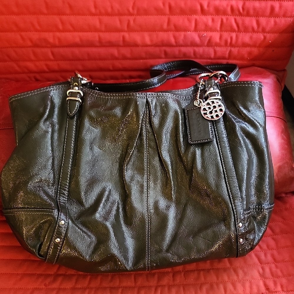 Coach Alexandra Bag In Dark Green Leather Shoulder Hobo with Silver Charm